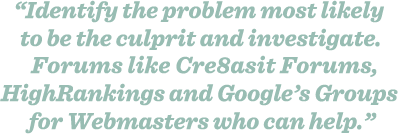 Identify the problem most likely to be the culprit and investigate. Forums like Cre8asit Forums, HighRankings and Google’s Groups for Webmasters can help.