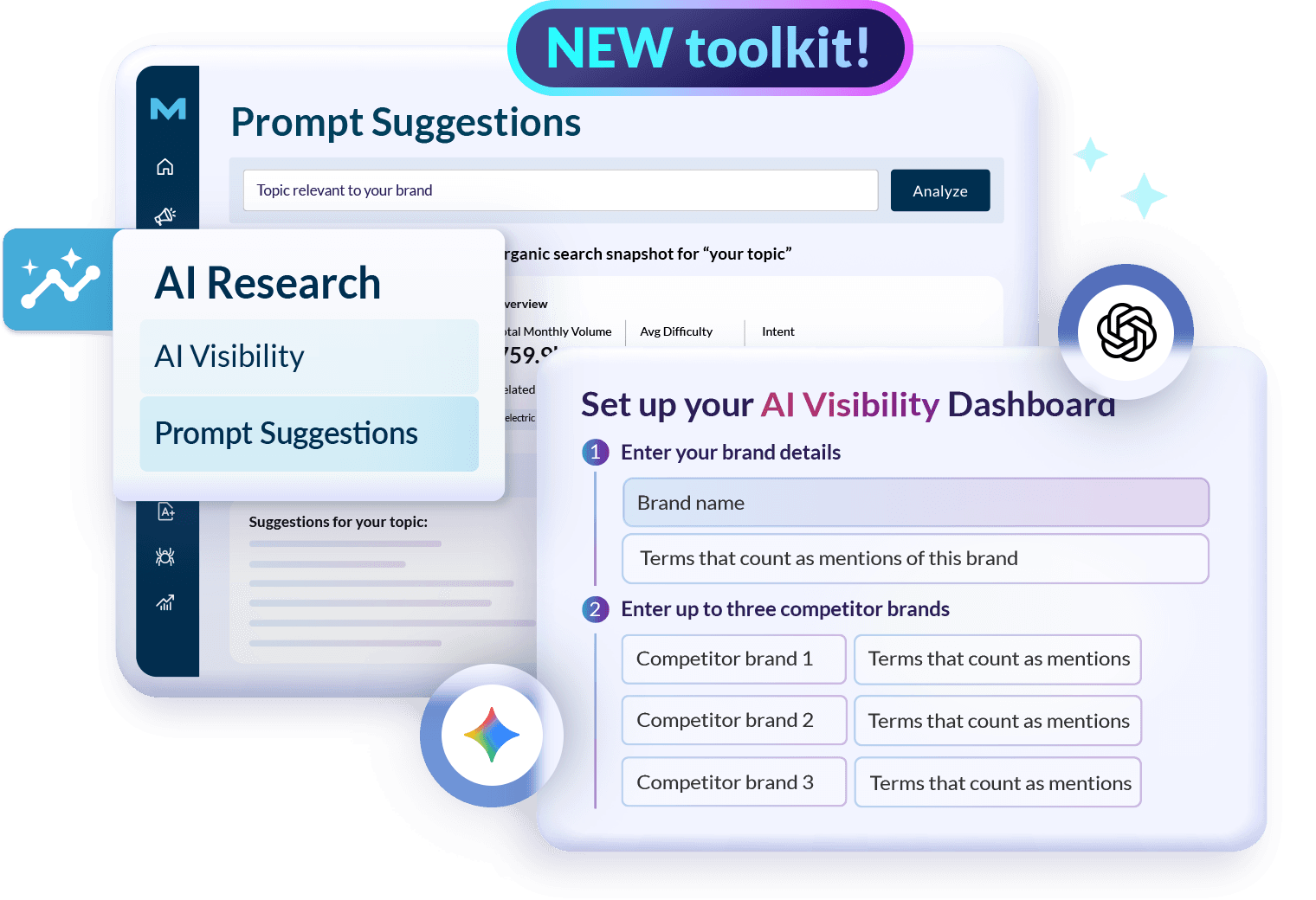 Screenshots of the Moz AI Research toolkit showing Prompt Suggestions and the AI Visibility Dashboard setup