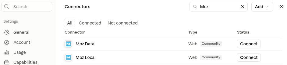 The Moz Data and Moz Local connectors listed in Claude Desktop's connector directory after searching for "Moz"